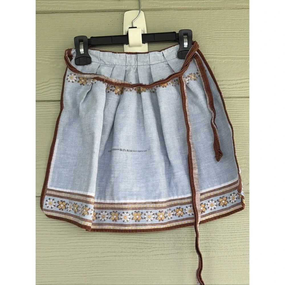 Made in Austria Bavarian Folk Art Blue/Brown Floral Half Apron Pockets Tie Waist